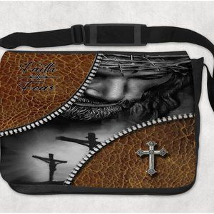 Men's Custom Faith Over Fear Jesus Brown Leather Design Crossbody Shoulder Bag